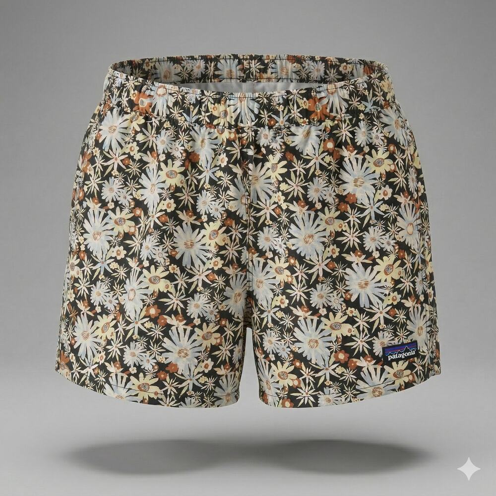 Patagonia Floral Athletic Running Shorts in Black, White & Tan